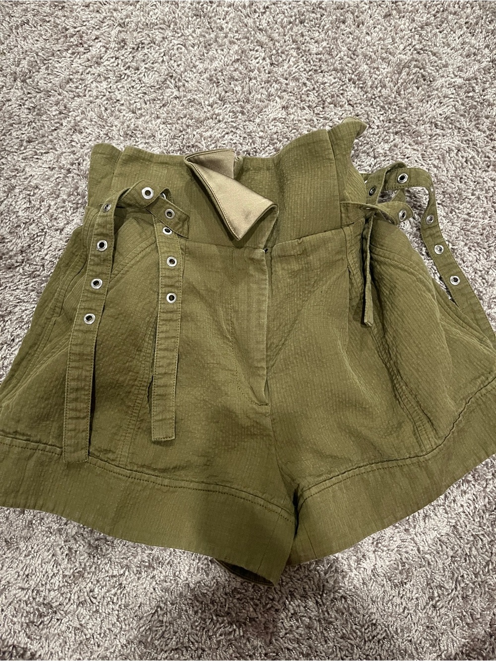 3.1 Phillip Lim Olive Green High-Waist Shorts with Grommet Belt Detail